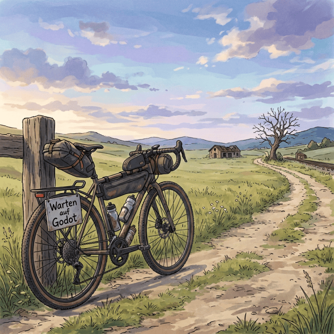 AI Pic - Bikepacking bicycle marked “Warten auf Godot”